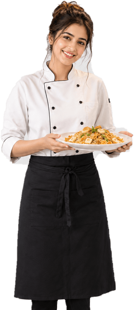 Sakshi holding a freshly cooked dish